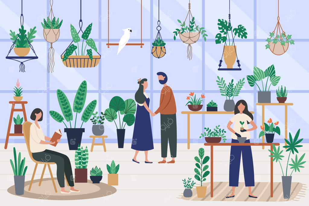 گلخانه گیاه‌شناس: کاشت گیاهان آپارتمانی و پرورش گیاهان، سرگرمی باغبانی. دوستان در حال گذراندن وقت در گلخانه.