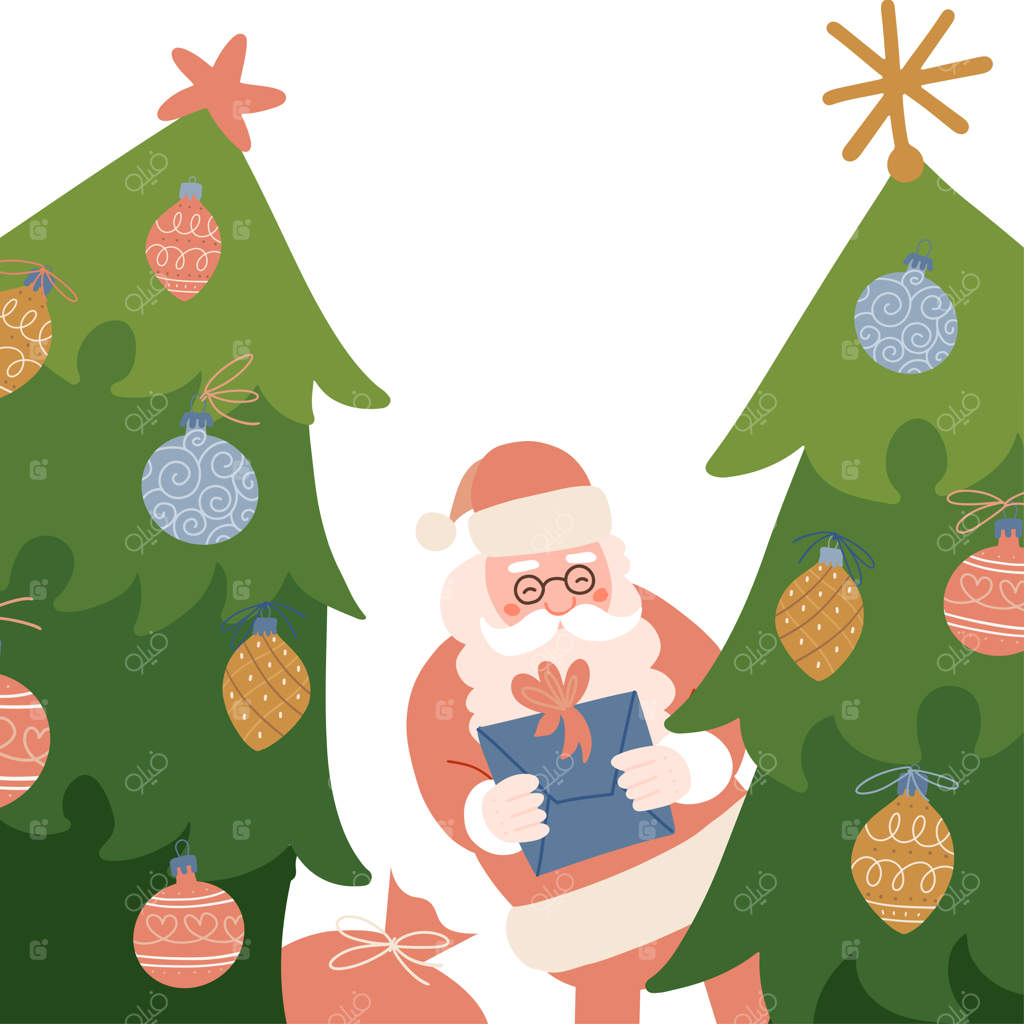 بابانوئل از پشت درختان کاج تزئین شده سبز نگاه می‌کند. پس‌زمینه کریسمس برای بنرها و کارت‌های تبریک. شخصیت کهن با هدیه‌ای در دست. تصویرسازی دستی وکتوری.
