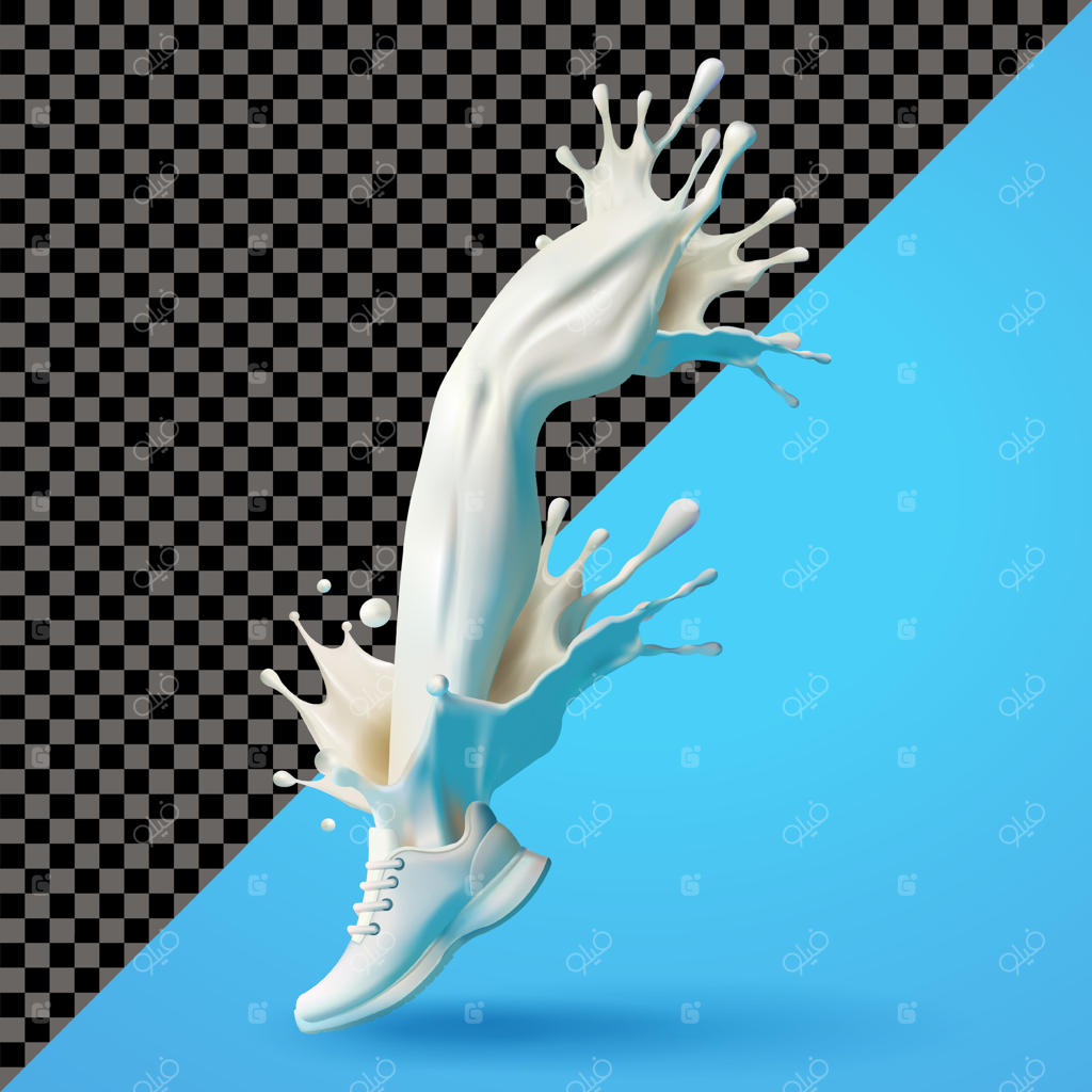 پاشیدن شیر به شکل پاهای دونده، سه بعدی. مناسب برای تبلیغات سلامت و تجارت