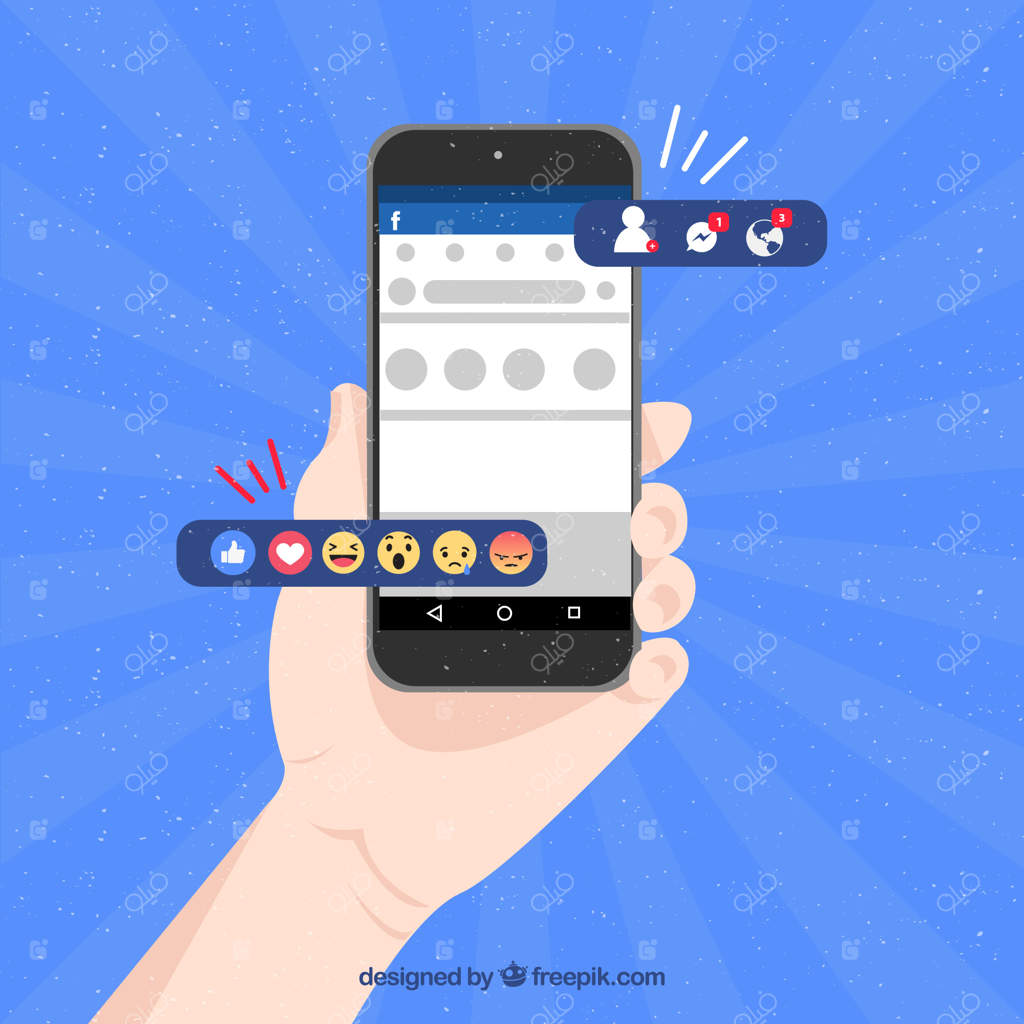 دست در حال گرفتن گوشی با اعلان‌های فیس‌بوک