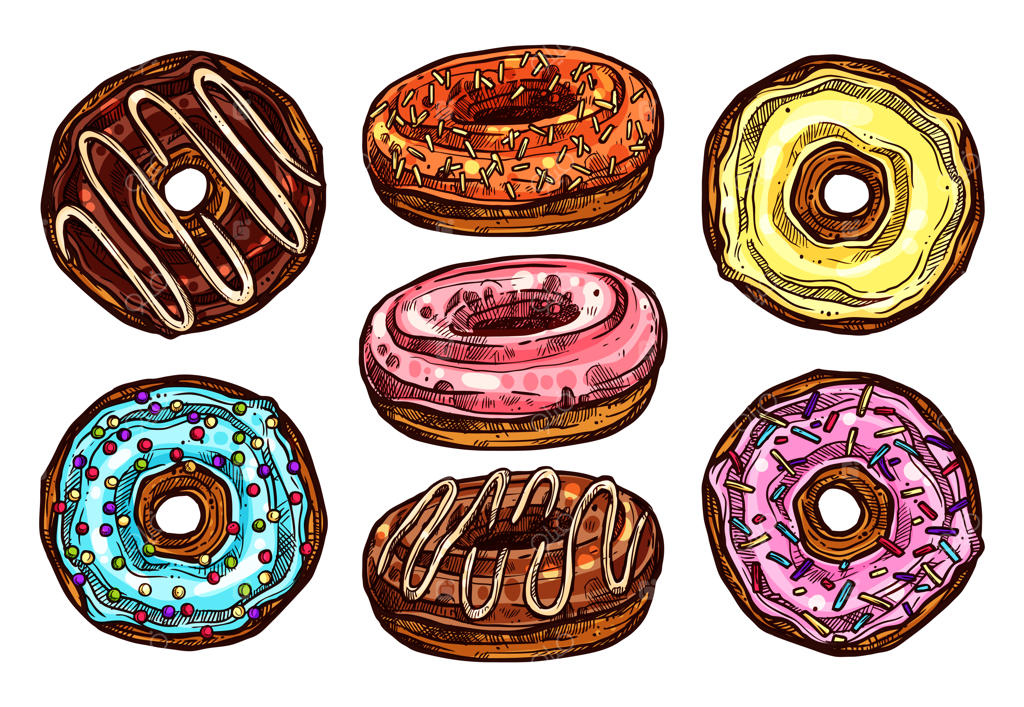 مجموعه دونات‌های رنگارنگ و روشن به سبک طراحی دستی؛ مجموعه‌ای از دسرهای دست‌کشیده