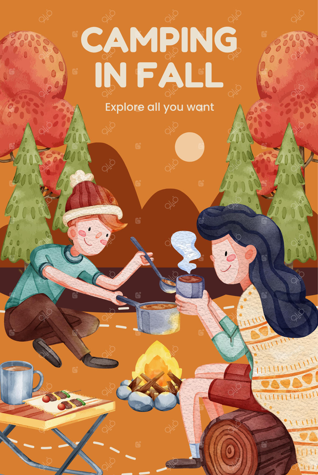 قالب پوستر با مفهوم پیک‌نیک کمپینگ پاییزی به سبک آبرنگی