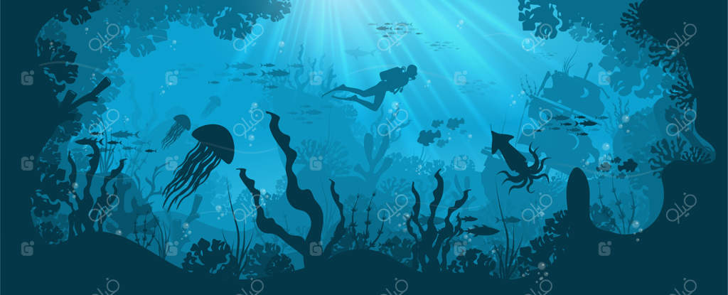 شبحی از صخره های مرجانی با ماهی ها و غواص در پس زمینه آبی دریا