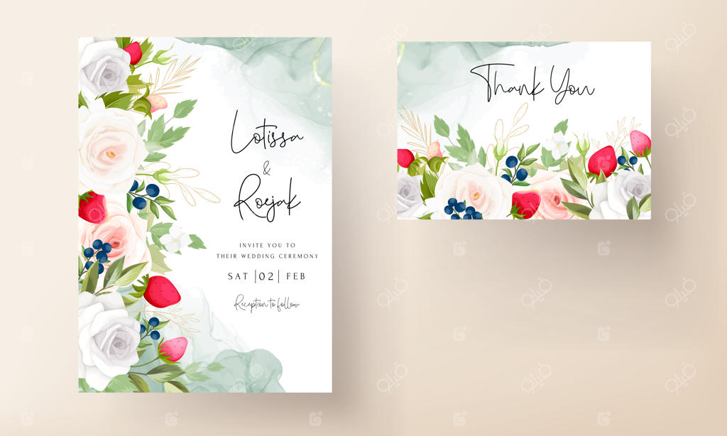 کارت دعوت عروسی با طرح گل رز زیبا و میوه‌های باغی توت‌فرنگی و زغال‌اخته