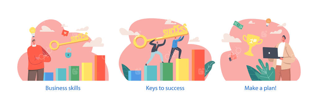 عناصر جداگانه با شخصیت‌های پویا، کلیدهای موفقیت را سمبل جاه‌طلبی، نوآوری و عزم می‌کنند.