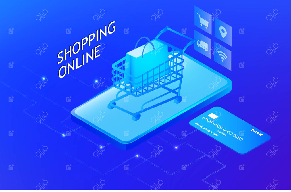 مفهوم خرید آنلاین و خدمات تحویل: فروش، کیف خرید در گوشی هوشمند و کارت اعتباری - تصویر برداری