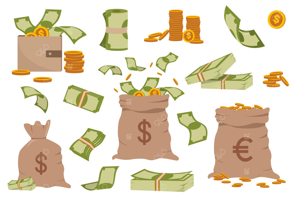 طرح مفهومی مجموعه کیسه‌های پول با سبک کارتونی و تخت در پس‌زمینه سفید