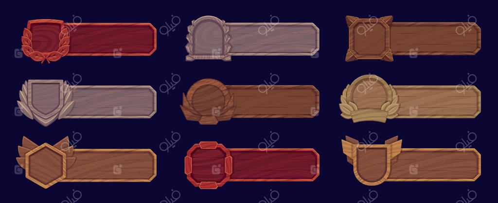 بنر رابط کاربری بازی چوبی: برچسب‌ها و نشان‌های ستاره‌ای با طراحی قدیمی و عناوین خالی برای طراحی وب RPG و نوارهای رتبه‌بندی فانتزی. مجموعه وکتور