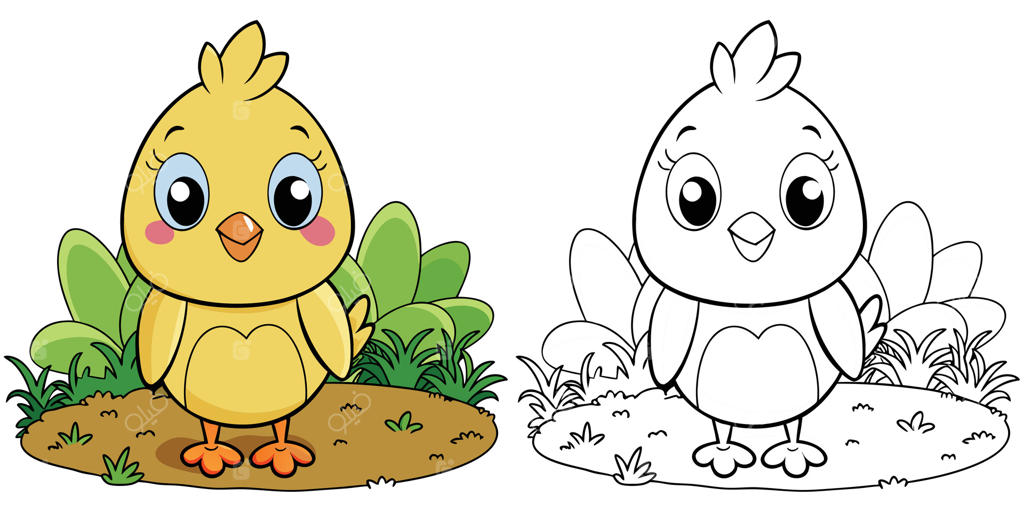 کتاب رنگ‌آمیزی جوجه‌های بامزه برای کودکان - تصویر کارتونی جوجه در باغچه، نقاشی حیوانات کارتونی