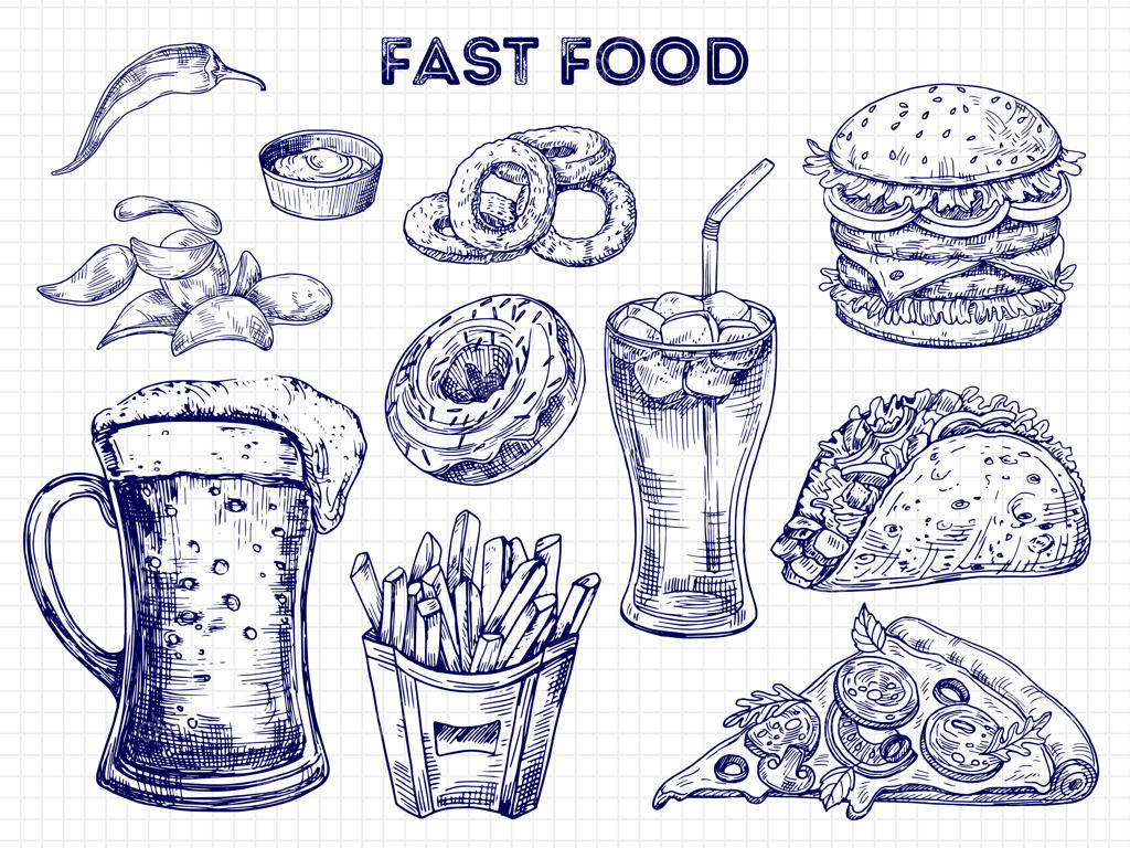 طرح‌های نقاشی از فست‌فود، تنقلات و نوشیدنی‌ها