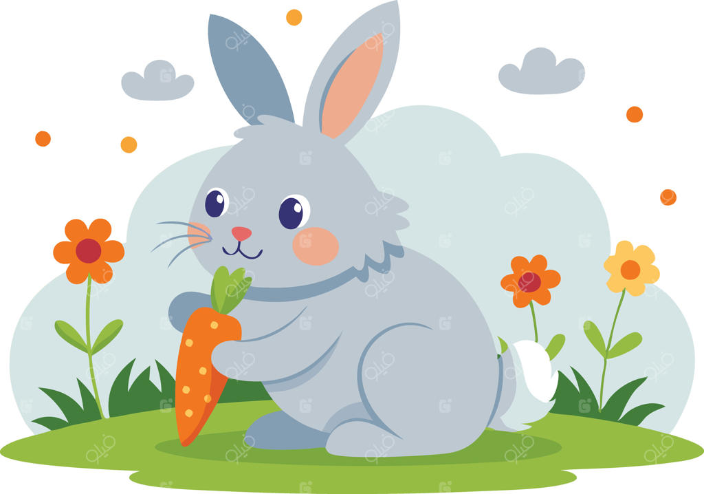 خرگوش خاکستری خوشحال با هویج در باغ گل‌های رنگارنگ در روز آفتابی
