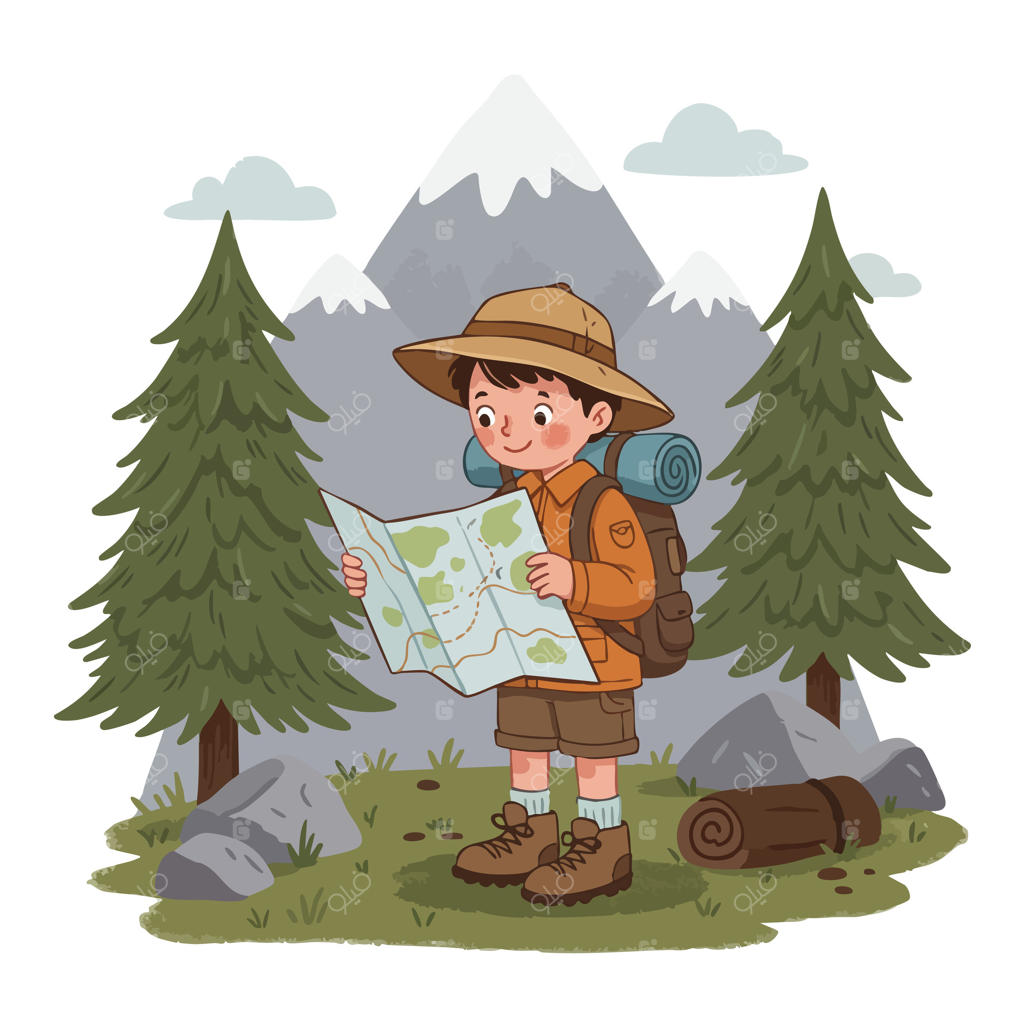 پسربچه کوهنورد در حال کاوش در جنگل با نقشه و کوله‌پشتی در منظره کوهستانی