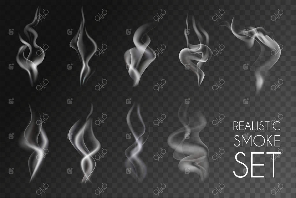 مجموعه آیکون شفاف دود واقعی - اشیاء انتزاعی سفید مانند دود سیگار یا بخار قهوه، به همراه تصویر برداری وکتور