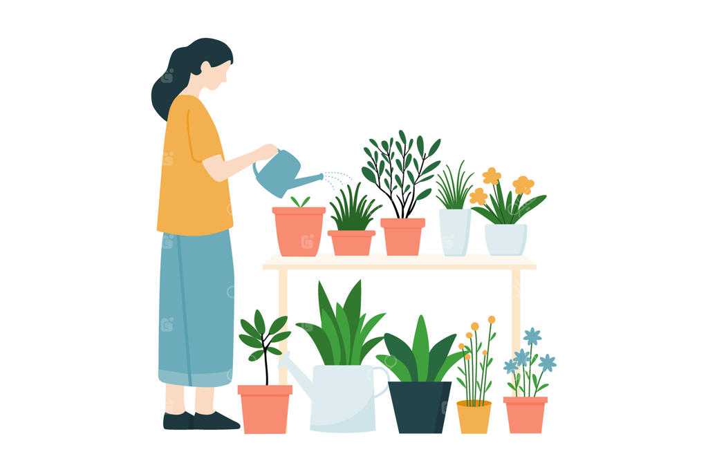 زن در حال آبیاری گیاهان در باغچه خانه