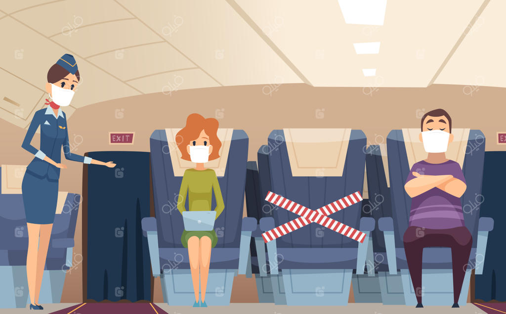 قوانین پرواز: مشکلات اپیدمی، مسافران با ماسک‌های محافظ در هواپیما و رعایت فاصله‌گذاری اجتماعی. پیشگیری و محافظت در پروازهای دوران همه‌گیری.