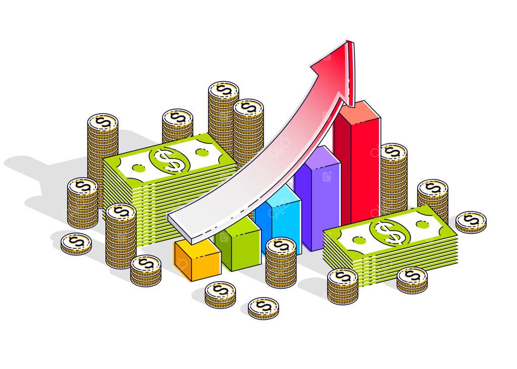 مفهوم موفقیت و افزایش درآمد، نمودار رشد با پشته پول روی زمینه سفید. تصویرسازی ایزومتریک تجارت و مالی به همراه طراحی خطوط نازک.