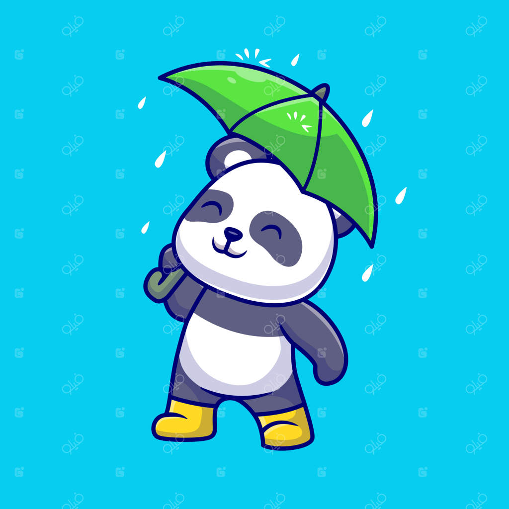 تصویر وکتور کارتونی پاندا بامزه با چتر در باران. آیکون مجزای حیوانات و طبیعت
