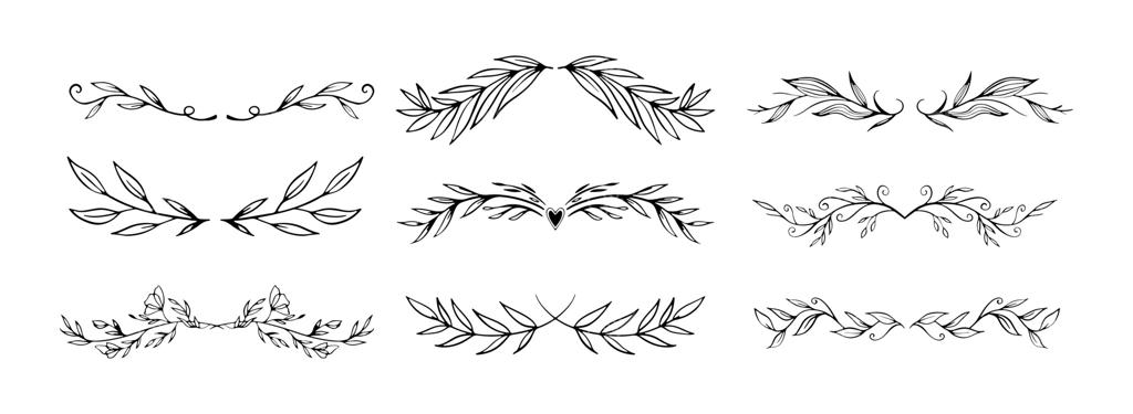 مجموعه‌ای از طرح‌های خطی گل و برگ بر روی زمینه سفید. نقوش جداکننده برگ و گل، عناصر تزیینی مرزی طبیعت، تصویرسازی برداری.
