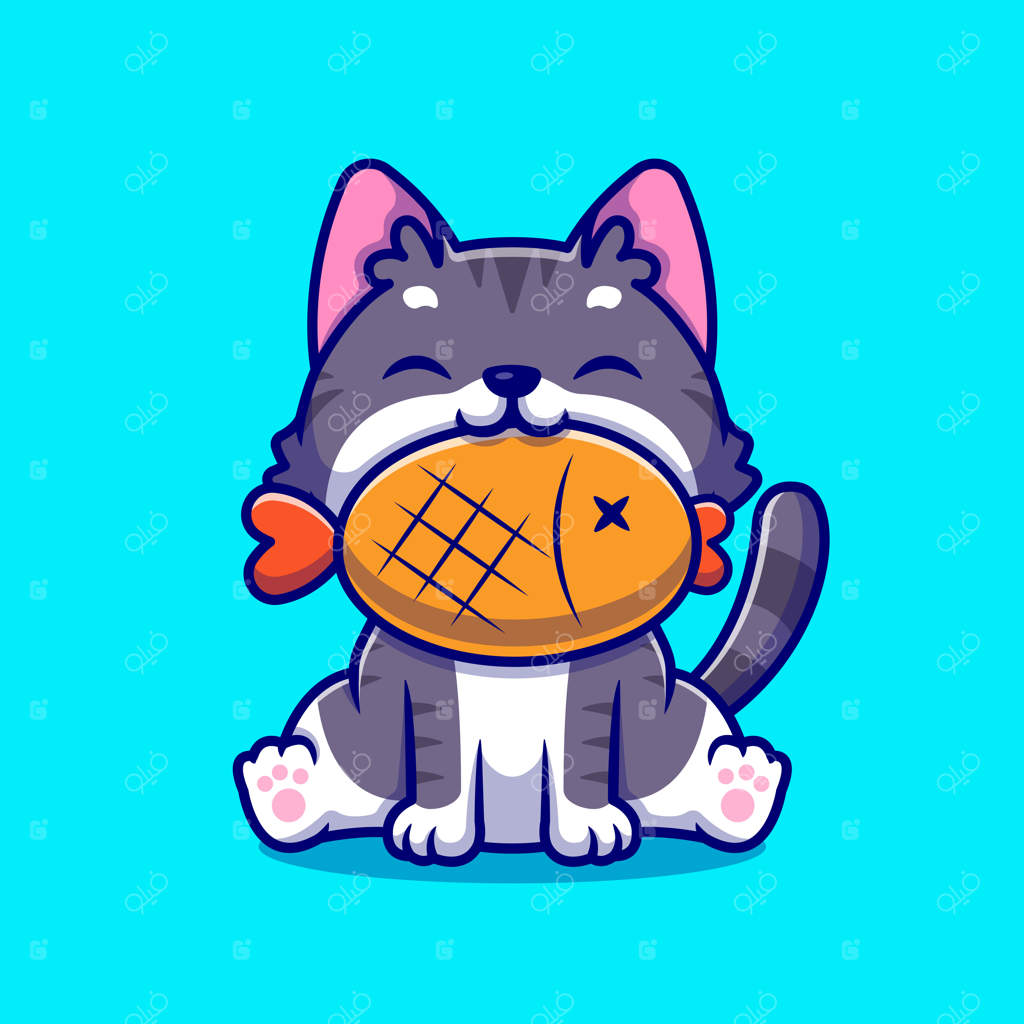 تصویر کارتونی بامزه گربه با ماهی.