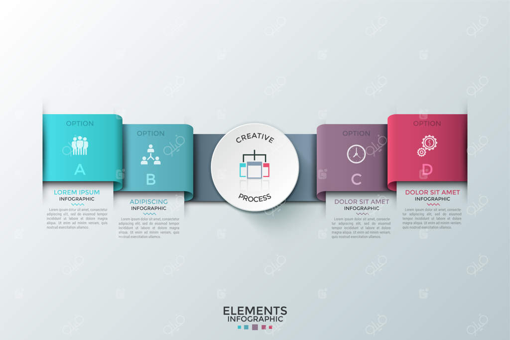 چهار عنصر نوار یا روبان رنگارنگ با حروف و پیکتوگرام‌های ساده در داخل، دایره سفید کاغذی در مرکز و جعبه‌های متنی. قالب طراحی اینفوگرافیک مدرن. تصویرسازی وکتور برای ارائه.