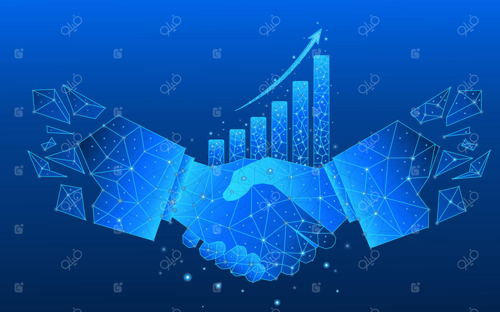 نمودار با فلش رو به بالا در کنار دست دادن دو تاجر بر روی پس‌زمینه آبی الکتریکی با طراحی چندضلعی