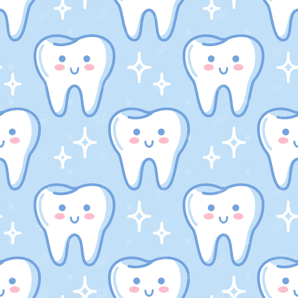 الگوی بدون درز (پترن) دندان. شخصیت‌های کارتونی بامزه به سبک کاوایی. تصویرسازی فلت (تخت) از عضو سالم و دستگاه گوارش. با موضوع مشکلات سلامتی. مناسب برای کاغذ دیواری، پارچه، بسته‌بندی و پس‌زمینه.