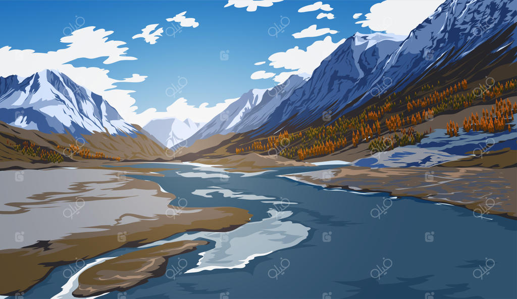 منظره‌ای زیبا با آسمانی آبی، رودخانه، جنگل، کوه‌ها، ابرها و قله‌های برفی.