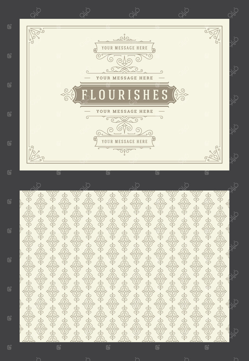 الگوی طراحی کارت تبریک کلاسیک با قاب و زیورآلات خطاطی و شمایل‌های تزئینی