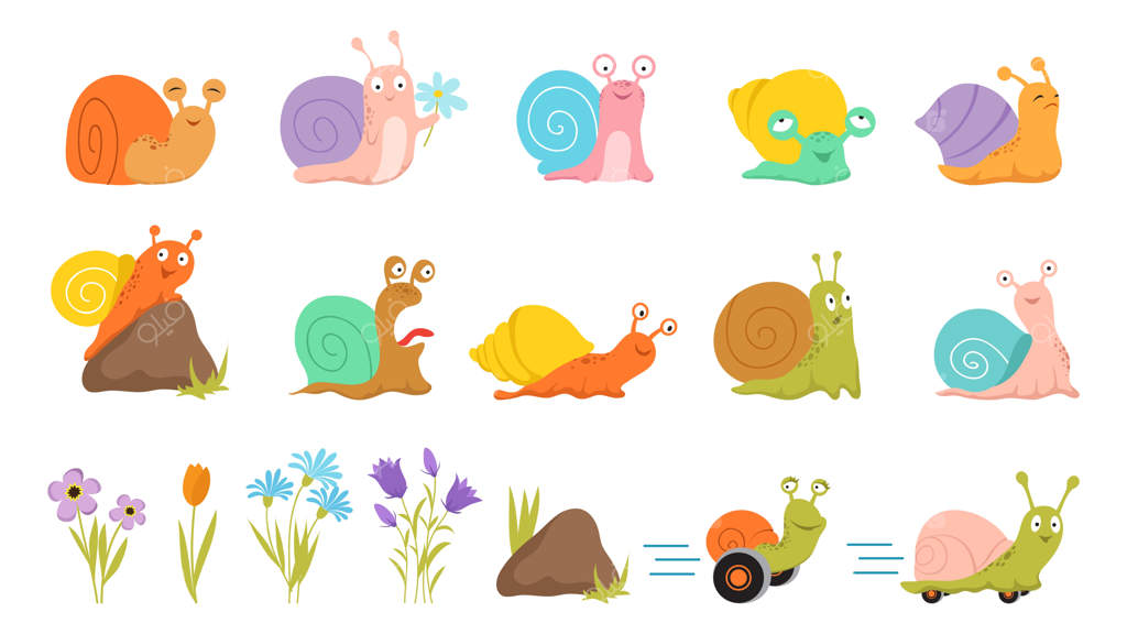 حلزون کارتونی و گل‌ها: حشرات گل‌دار، سنگ جدا شده، چمن، حلزون‌های بامزه، شخصیت‌های حیوانات وحشی تابستانی کودکان روی اسکیت‌برد یا رولرها، مجموعه وکتور.
