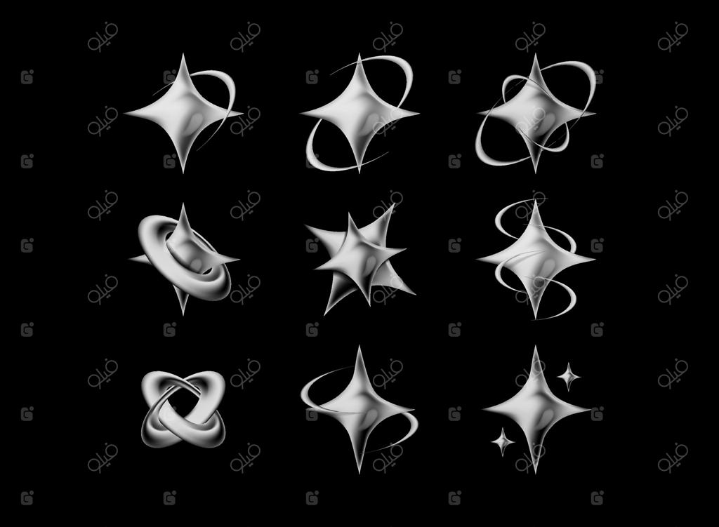 مجموعه ستاره‌های درخشان و براق با موج‌های سیاره‌ای در طراحی سه‌بعدی متالیک وینتیج کروم