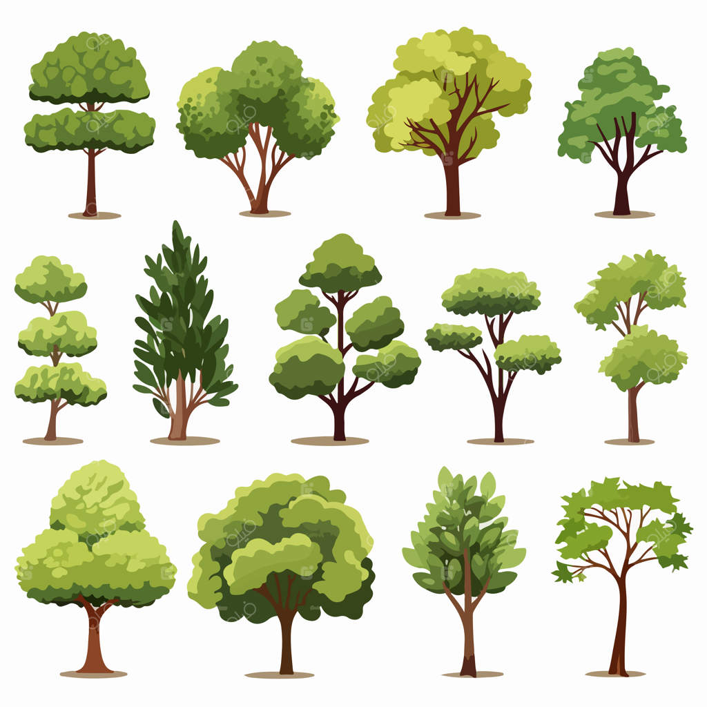 تصویر با تنوع گوناگون درختان بر روی پس‌زمینه شفاف