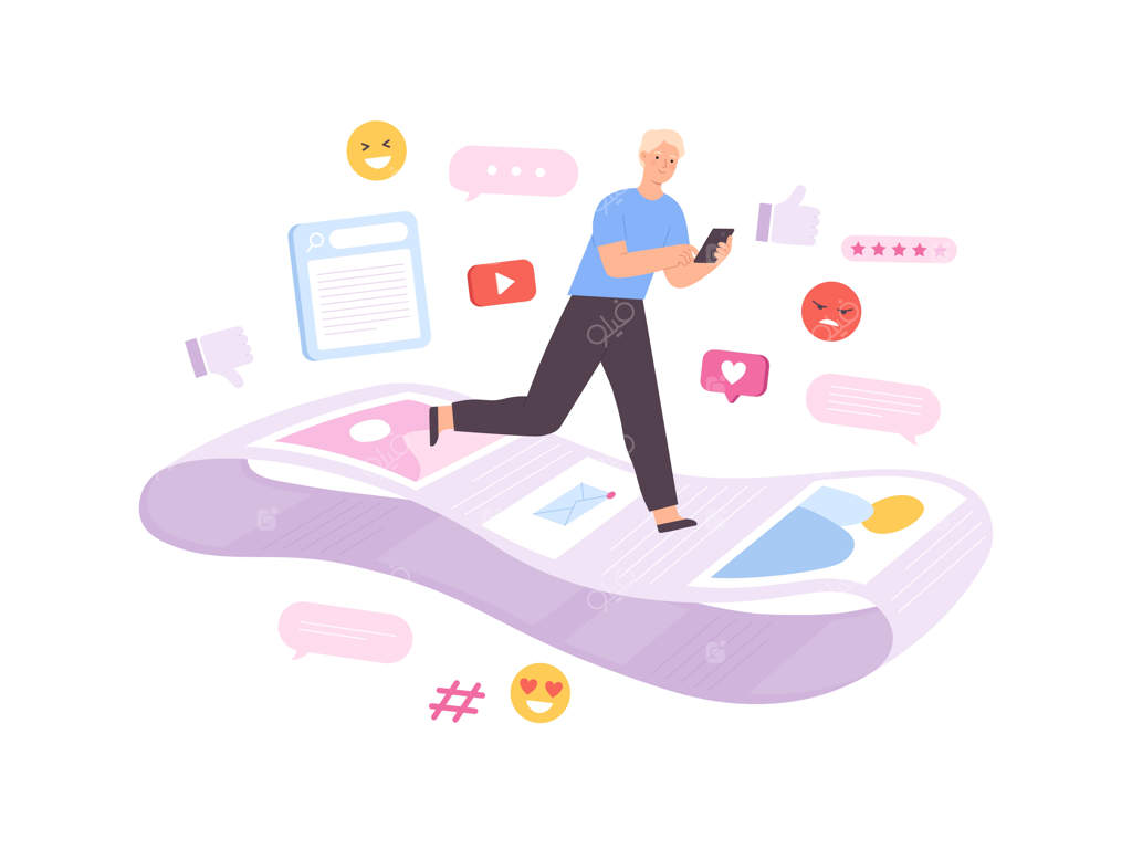 اعتیاد به شبکه‌های اجتماعی، مردی در حال فرار از سیل بی‌پایان اعلان‌ها. شخصیتی معتاد به بازخورد که صفحات اینترنت را مرور می‌کند، مفهوم وکتور تخت