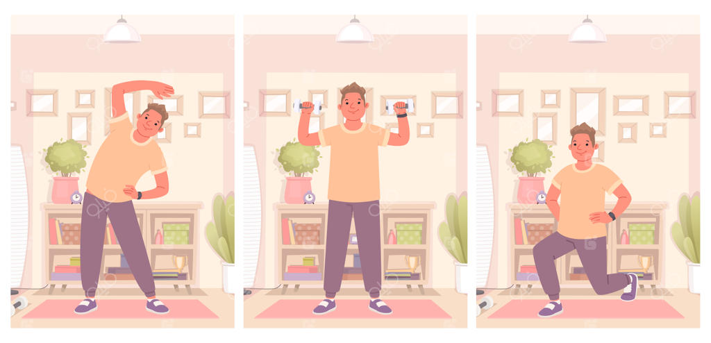 مرد خوشحال در حال انجام تمرینات ورزشی در خانه: حفظ یک سبک زندگی سالم و فعال در قرنطینه. تصویر برداری به سبک فلت