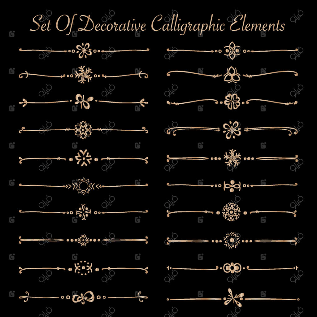 مجموعه‌ای از عناصر تزئینی طلایی در خوشنویسی برای دکوراسیون. تصویرسازی برداری دست‌ساز.