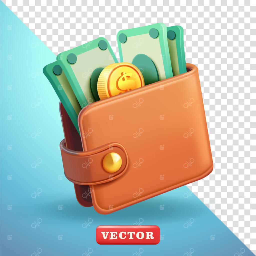 کیف پول پر از پول، سه‌بعدی مناسب برای امور مالی، کسب و کار و طراحی عناصر