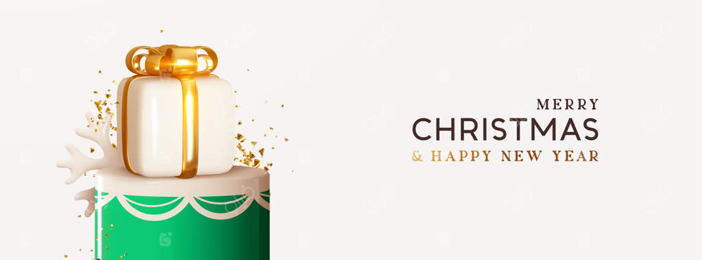 جعبه هدیه کریسمس سفید روی پایه گرد استودیو با اکلیل‌های طلایی. طراحی سه‌بعدی واقعی جشن. کریسمس مبارک و سال نو پر برکت. پس‌زمینه روشن تعطیلات کریسمس. تصویر سازی وکتور.