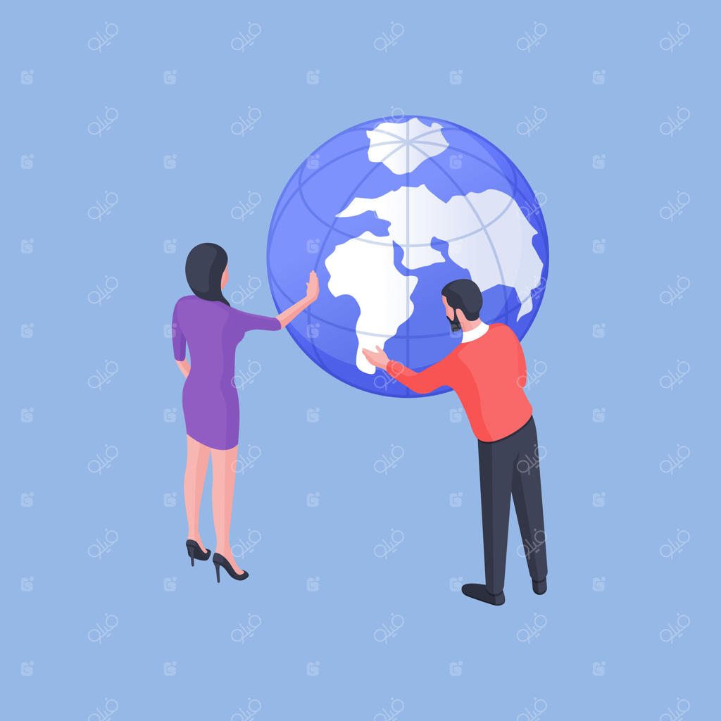 تصویر وکتور ایزومتریک از مرد و زن در حال بررسی قاره‌ها روی کره زمین و جستجوی مقصدی برای تعطیلات با پس‌زمینه آبی روشن