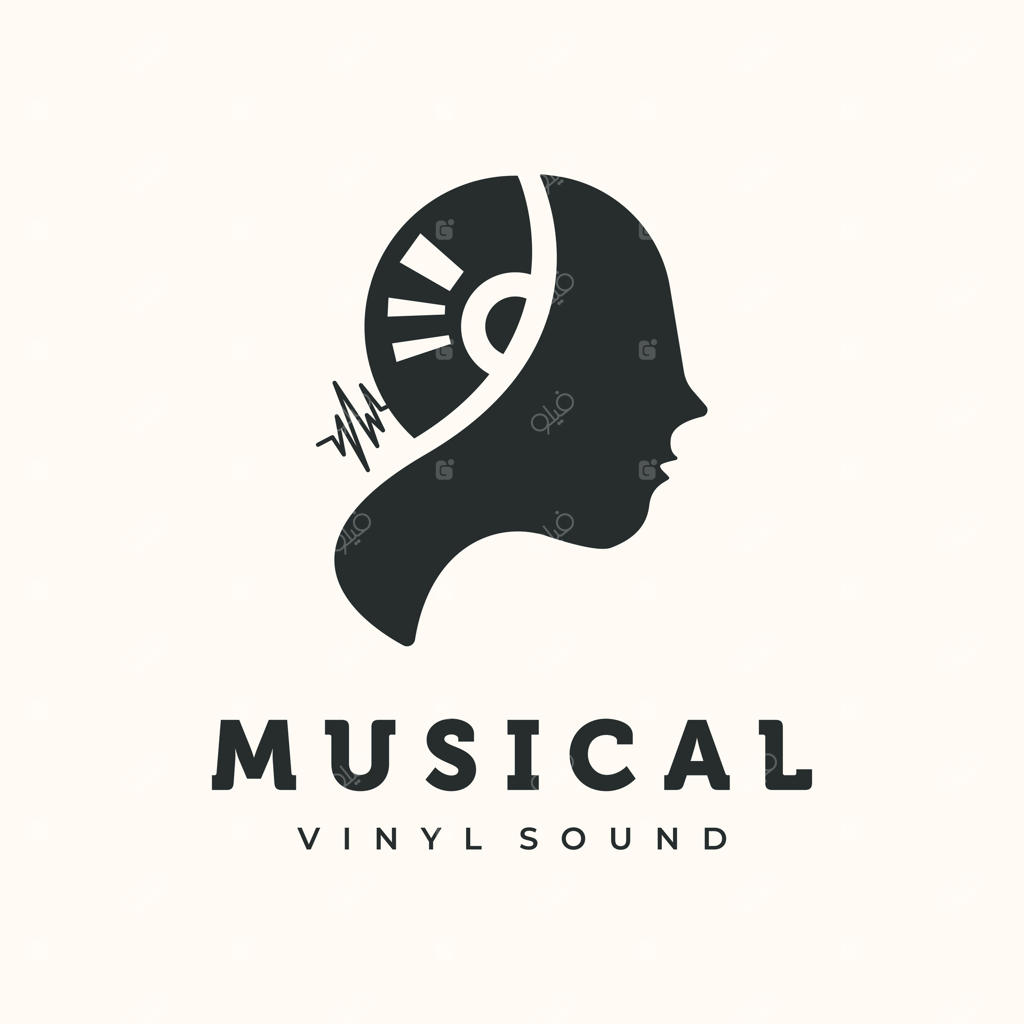 طراحی لوگوی موزیکال وینتیج با سر زن و دیسک وینیل، سیلوئت زنانه با عناصر صدای وینیل و نماد موج صوتی