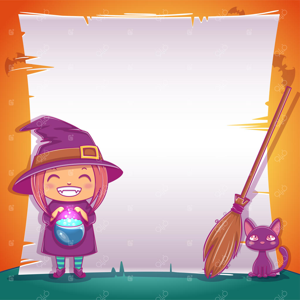 پوستر جشن هالووین با جادوگر کوچولو، گربه سیاه و جارو. قالب قابل ویرایش با فضای متن. مناسب برای پوسترها، بنرها، بروشورها، دعوت‌نامه‌ها و کارت‌پستال‌ها.