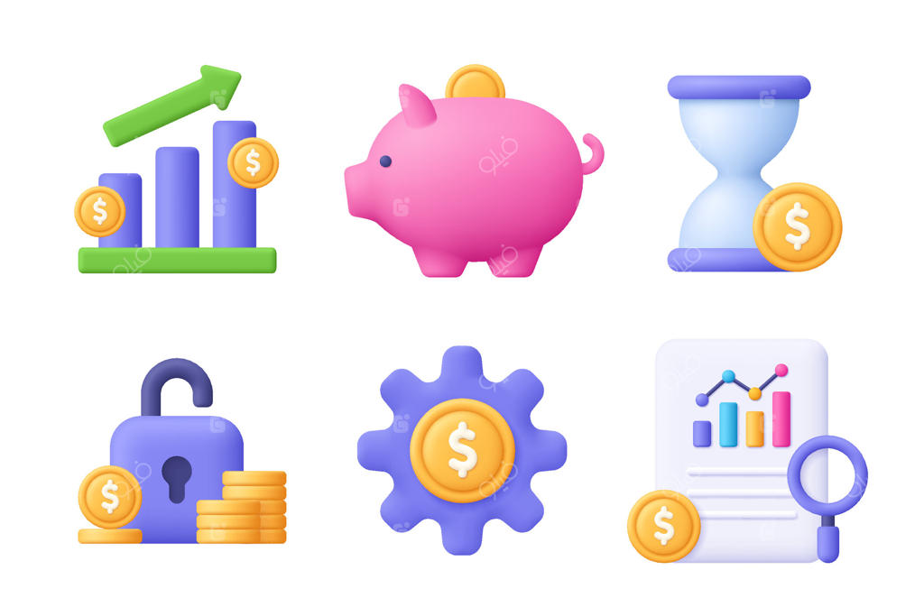 نمودار، قلک، ساعت شنی، قفل، چرخ‌دنده، پرونده، سکه. مجموعه آیکون‌های مالی سه‌بعدی. سبک کارتونی و مینیمال.
