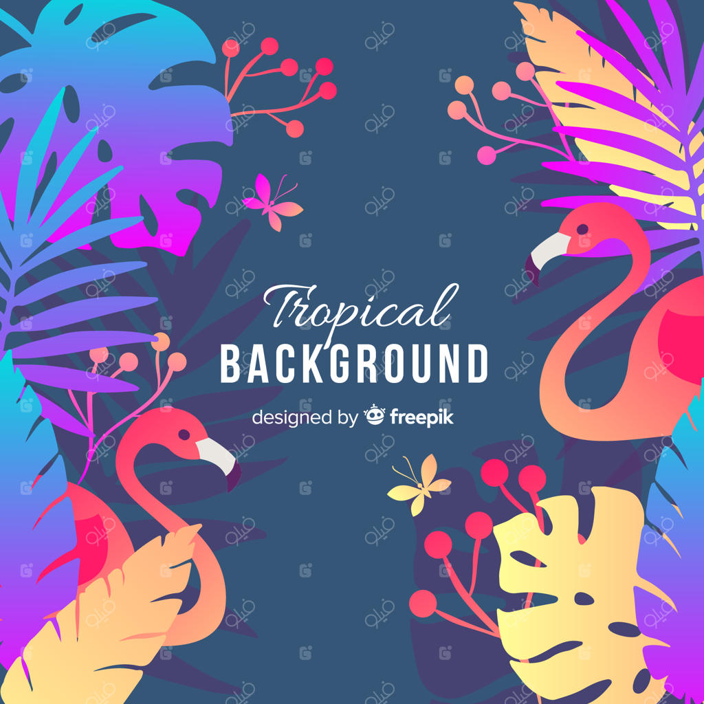 برگ‌های رنگارنگ و گرمسیری با زمینه فلامینگوها