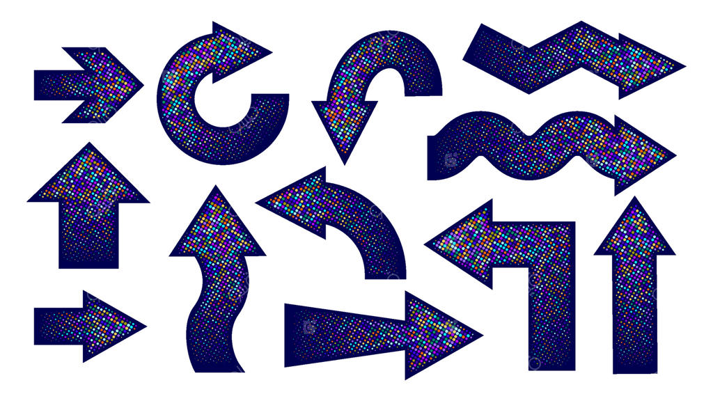 مجموعه‌ای از پیکان‌های آبی با طرح‌های نقطه‌ای رنگارنگ، در جهت‌های مختلف روی زمینه سفید.