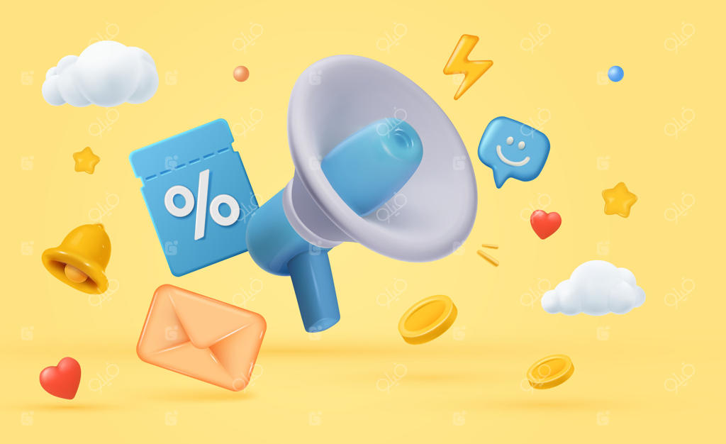 بلندگوی سه‌بعدی با آیکون‌های اجتماعی، علامت درصد، سکه‌ها و قلب‌ها بر روی پس‌زمینه زرد، نماد تبلیغ و ارتباطات.