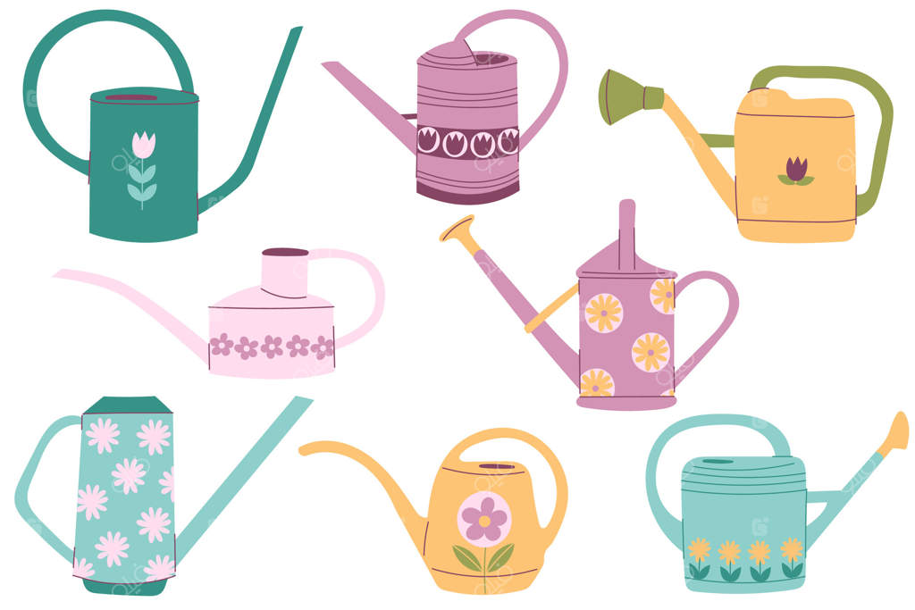 ست آبپاش باغچه با طرح گل. تجهیزات باغبانی برای مراقبت و نگهداری از باغ یا باغ میوه، اسپری کردن گل‌ها و گیاهان