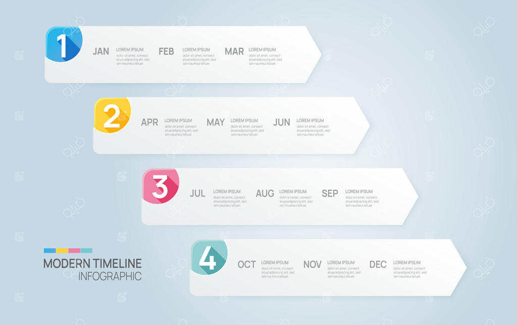 الگوی پیکان نمودار زمانبندی. نمودار مدرن زمان‌بندی و موضوعات تقویم و چهار فصل، اینفوگرافیک‌ها.