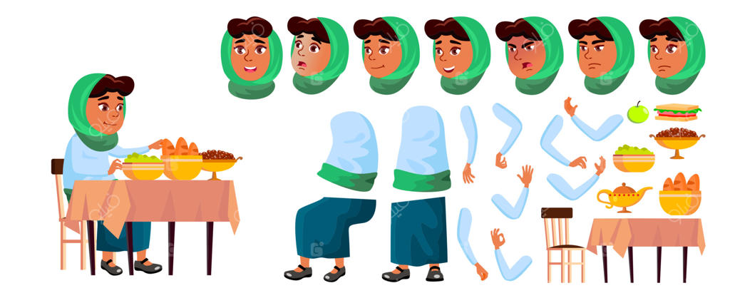 وکتور دختر مسلمان عرب، ست ساخت انیمیشن، حالات چهره و ژست‌ها، لبخند، میز غذا، ناهار و صبحانه سنتی، مناسب برای طراحی وب، پوستر و بروشور، تصویرسازی کارتونی