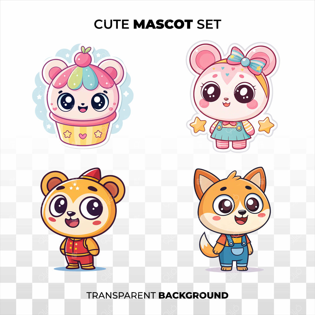 چهار کاراکتر حیوان کارتونی بامزه با چشمان درشت