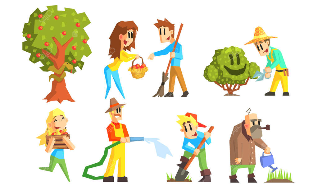 افراد مشغول به کار در باغ: کشاورزان شاداب در حال آبیاری گیاهان، برداشت محصول و هرس کردن بوته‌ها