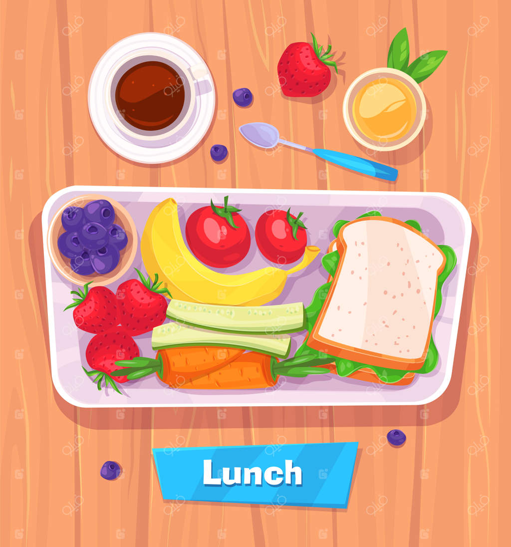 ناهار سالم با موز، توت‌ها، ساندویچ، قهوه و آبمیوه. نمایی از بالا بر روی میز چوبی شیک با فضای خالی. تصویرسازی.