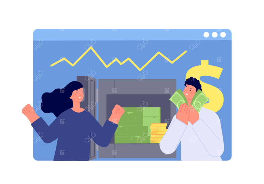 سرمایه‌گذاری‌های موفق: شادی مردم از تحلیل مالی و بانکی؛ صحنه‌ای از مرد و زن با پول نقد در وکتور